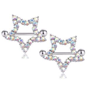 14G 316L Silver and AB Crystal Star Shaped Nipple Shield Rings - 2 Piece Set